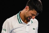 Nojak Djokovic looks towards the ground with a pained expression on his face