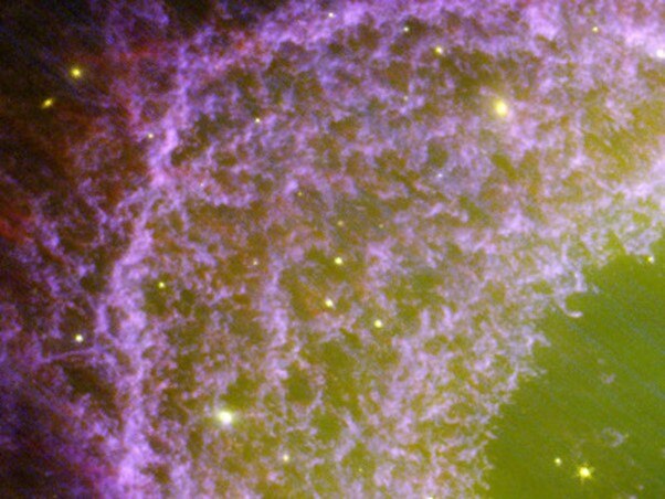 A close-up of part of the nebula shows that the ring consists of large numbers of small clumps. 