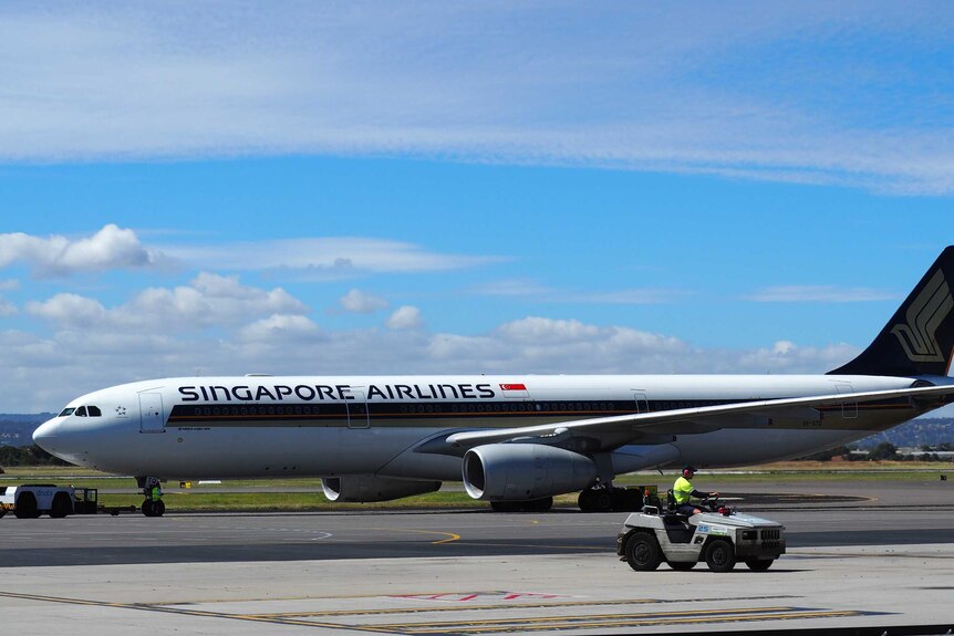 A Singapore Airlines plane on the tarmac at Adelaide Airport.