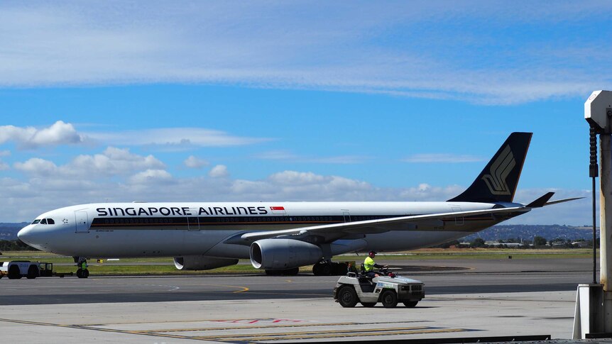 A Singapore Airlines plane on the tarmac at Adelaide Airport.