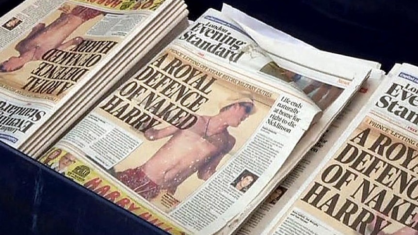 Prince Harry appears in swimmers on the front page of the (London) Evening Standard. (ABC Breakfast)