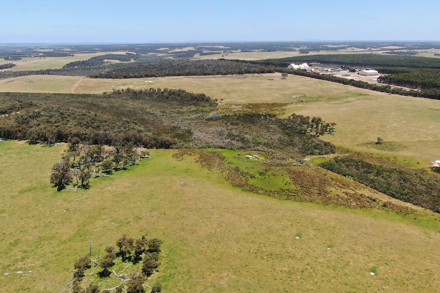 An aerial shot of rolling green hills in the WA countryside.
