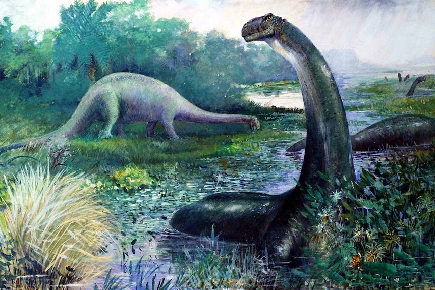 1897 painting of brontosaurus and diplodocus