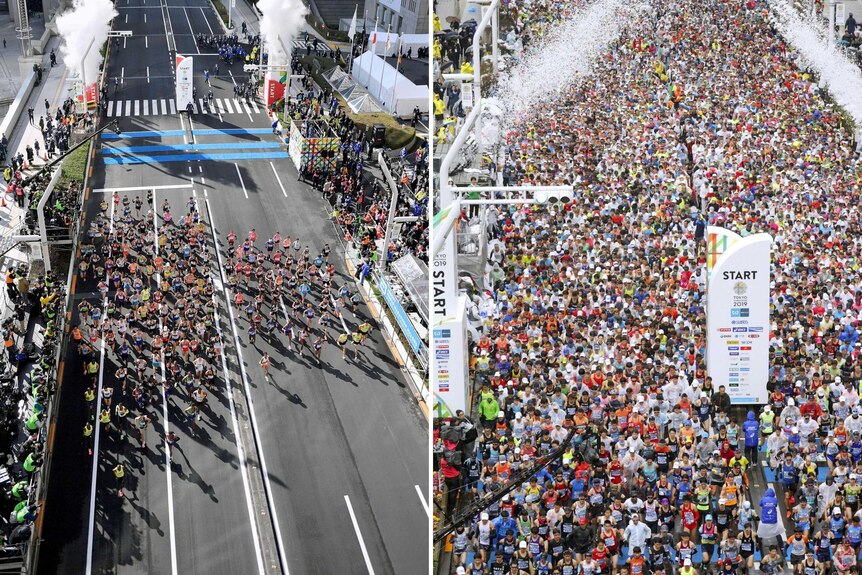 A composite image of the 2020 Tokyo marathon and the crowded 2019 marathon