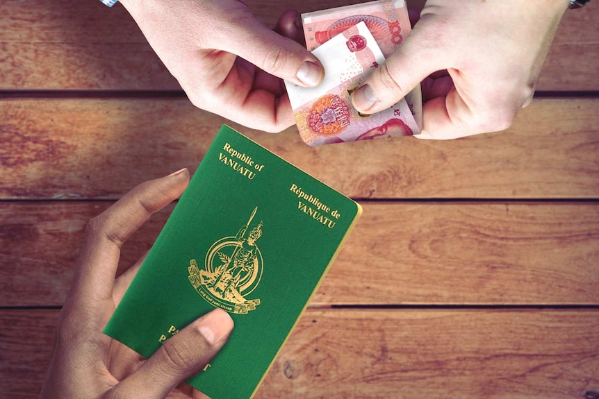 A top-down shot of a person handing over Chinese yuan for a green Vanuatu passport.