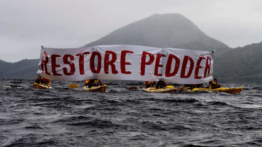 People in yellow kayaks on a lake with a large red-and-white banner that says Restore Pedder