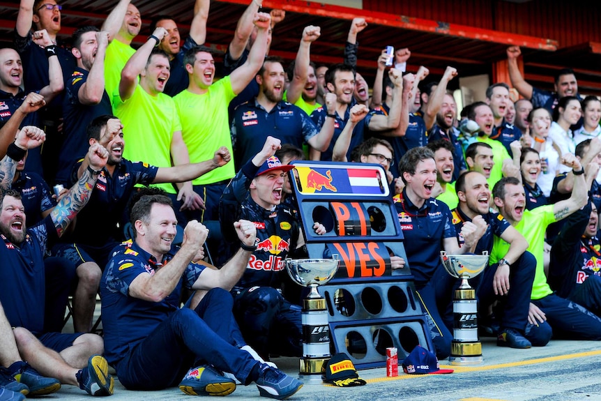 Max Verstappen celebrates Spanish GP win with Christian Horner