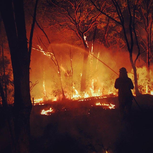 A firefighter battles a bushfire at Warrimoo in the Blue Mountains west of Sydney.