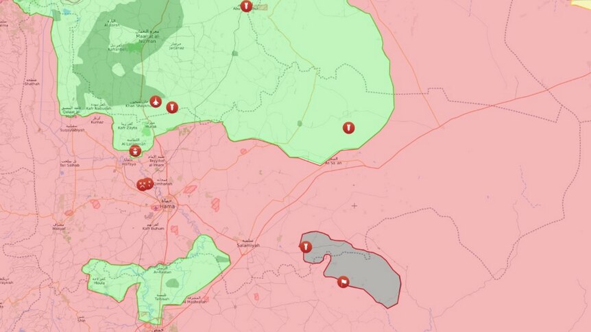 A colour-coded map of Syria showing IS, rebel and regime-controlled territory.
