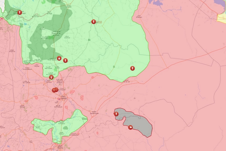 A colour-coded map of Syria showing IS, rebel and regime-controlled territory.