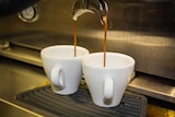 Coffees being poured into two white cups.