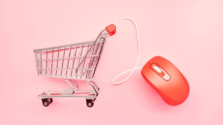 Image depicting online shopping; with a red computer mouse and small shopping trolley against a pink background.