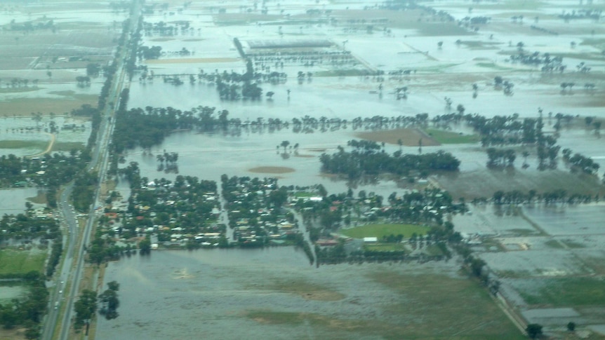Aerial view of flooding at Tallygaroopna Victoria