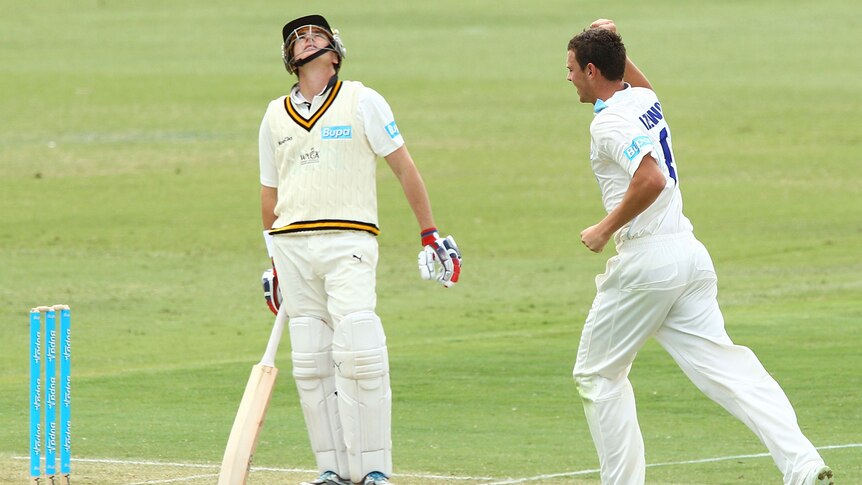 Marcus North loses his wicket to NSW paceman Josh Hazlewood in the Sheffield Shield at the WACA.