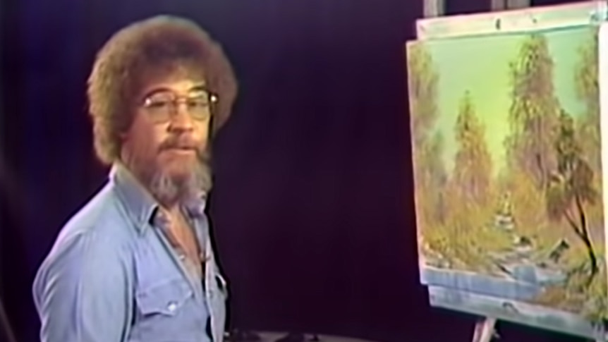 Screenshot of Bob Ross with the Walk in the Woods painting during the first episode of his TV series.