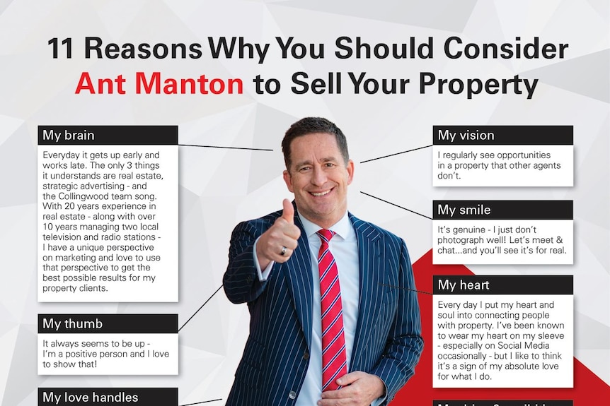 An advertisement for a real estate agent featuring a man surrounded by text boxes