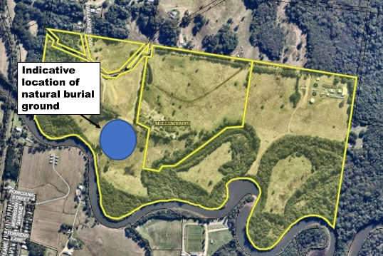 An aerial image of land with yellow highlighted lines and boxes