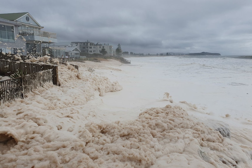 Waves surging on a beach with homes just metres away.