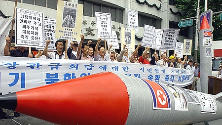 South Koreans protest against the North's nuclear program.