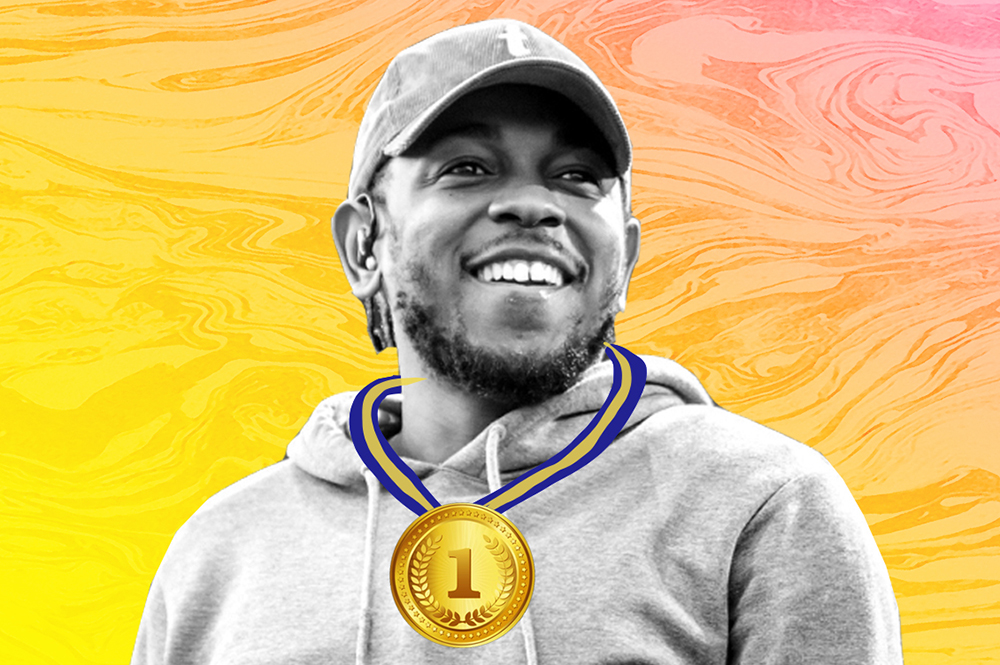 Artwork of Kendrick Lamar with a gold #1 medallion