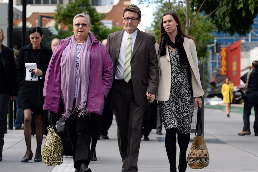 The mother of Gerard Baden-Clay, Elaine (left), and his sister Olivia Walton and her husband Ian, arrive at the Supreme Court.