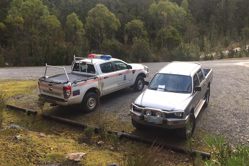 Car of missing man John Ward, at Huon Campground parking area, in southwest Tasmania.