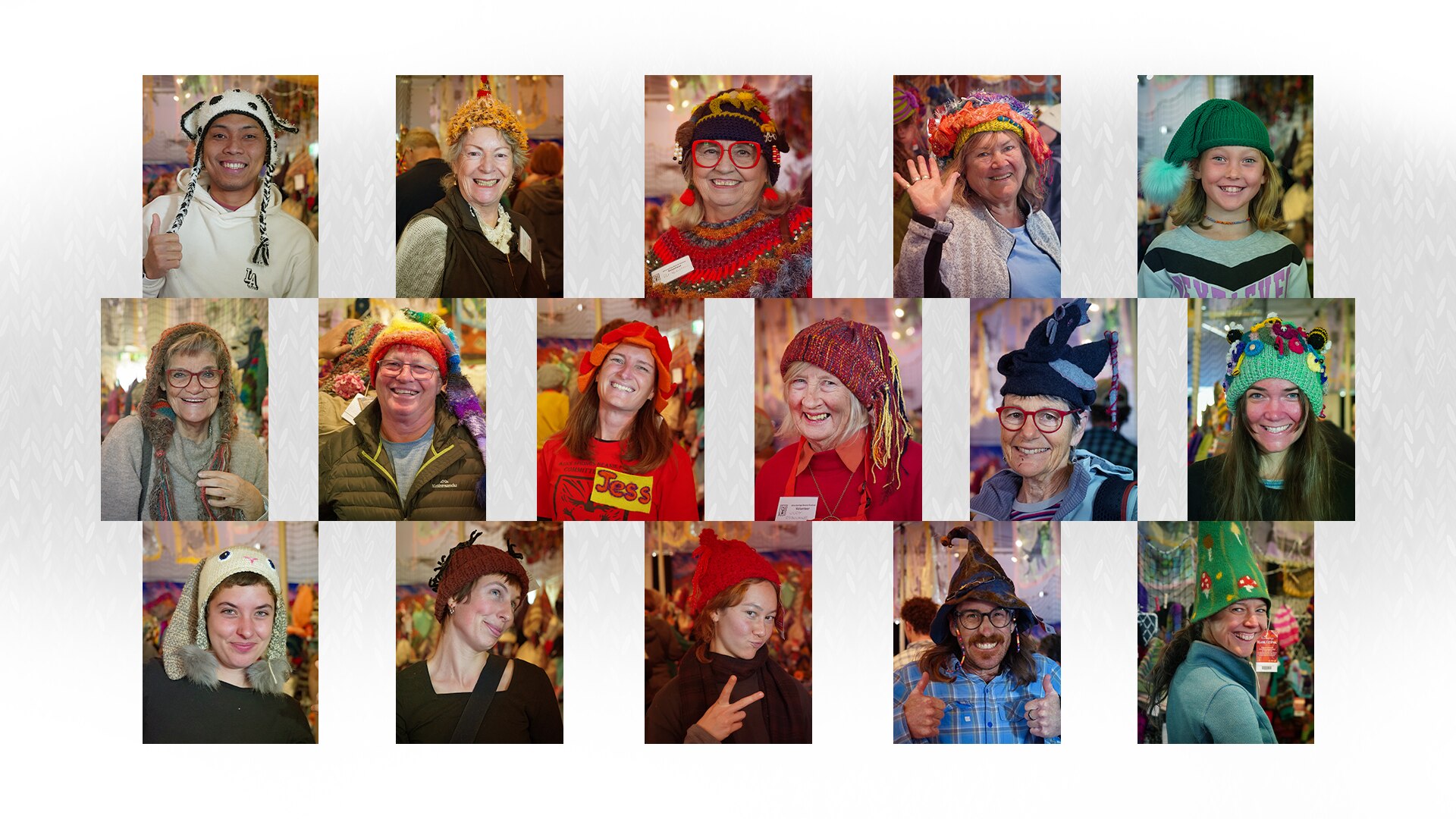 A collage of people wearing creative and colourful beanies, they are smiling at the camera.