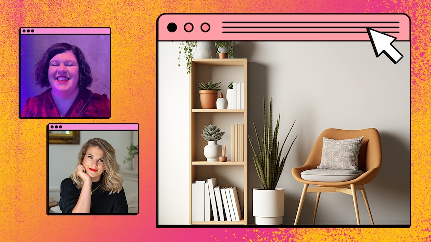 Colourful internet browser frames two headshots of woman and an image of dull, neutral interior styling.