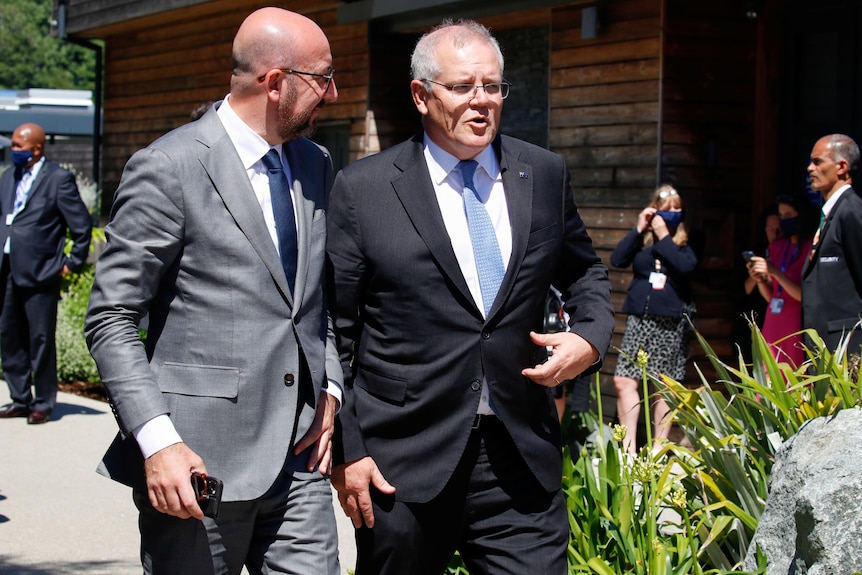 European Council President Charles Michel speaks with Scott Morrison.