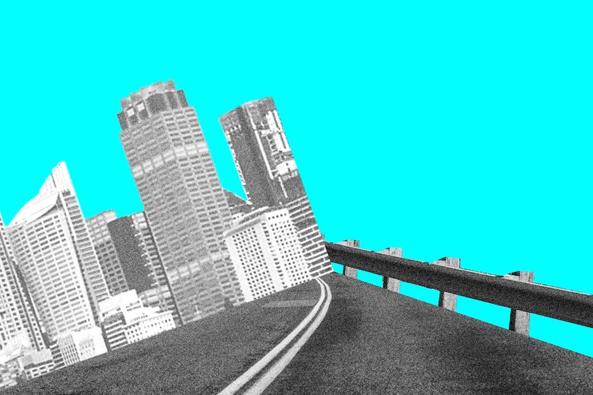 Collage of road and cityscape with blue background