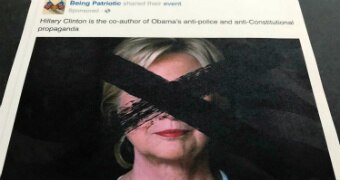 A Facebook post showing a "Down with Hillary" event, with a picture of Hillary Clinton crossed out in the thumbnail.