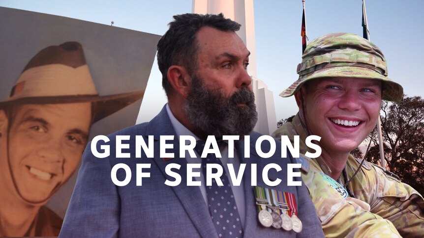 Generations of Services: Composite image of a photograph of a serviceman, a man in a suit wearing medals, and a man in fatigues