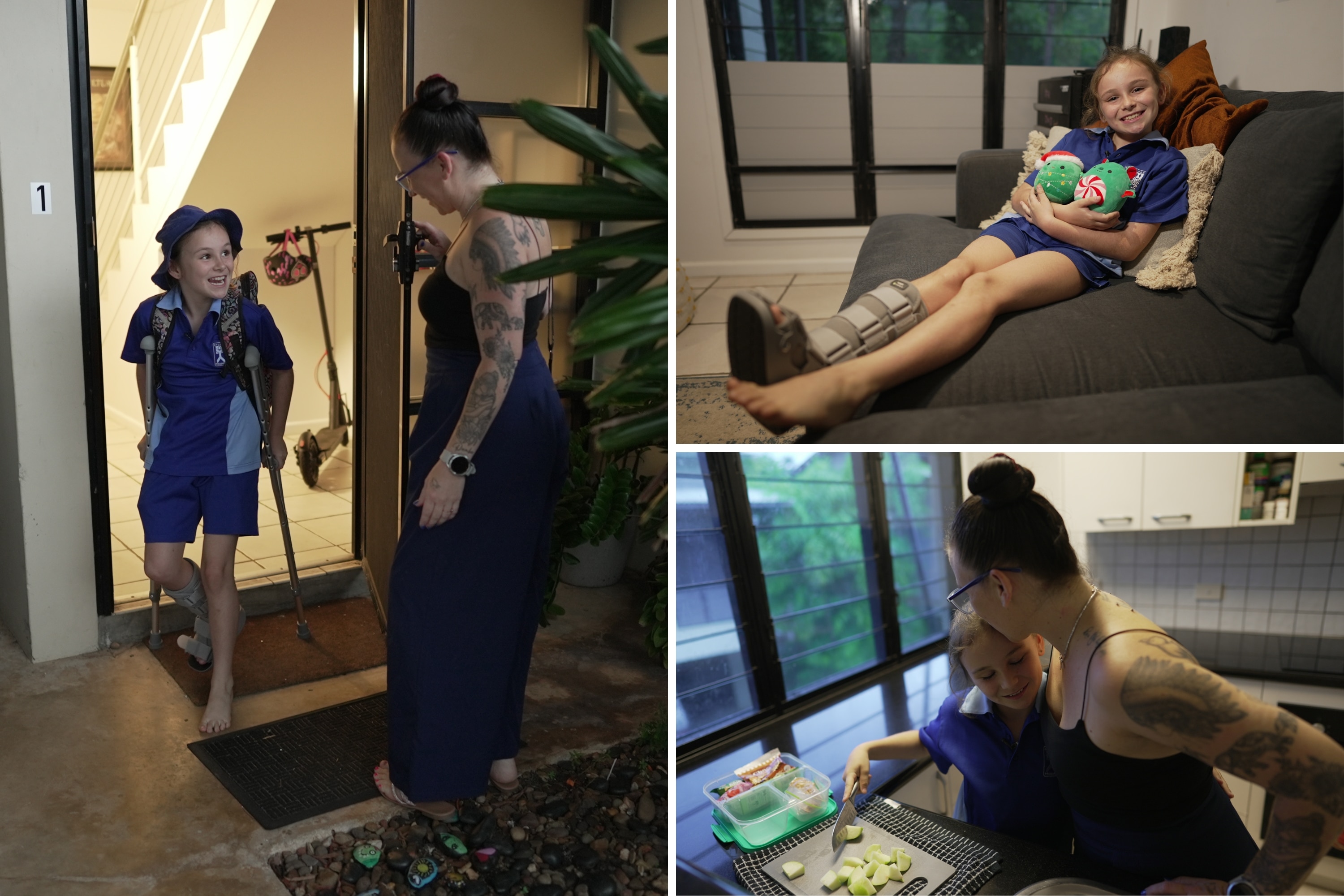 Uma mãe ajuda a filha, que usa bota lunar e muletas, a se preparar para a escola.