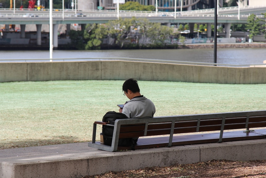 A man sits alone on a bench at Brisbane's South Bank, looking at his phone