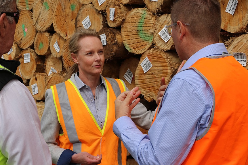 Sarah Courtney stands in front of tree logs at Hobart port
