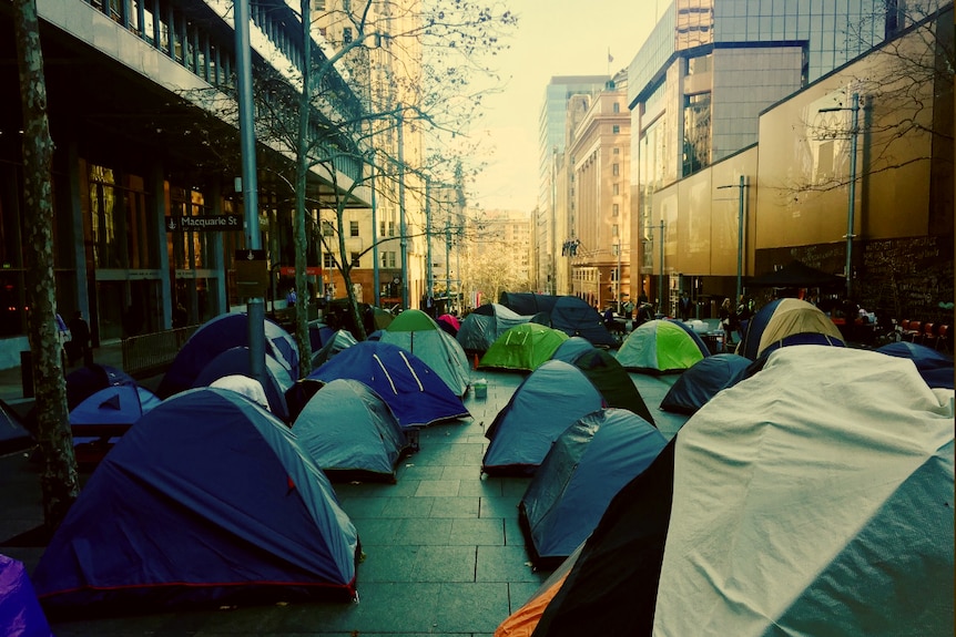 Tents clutter the area outside the Reserve Bank building in Sydney's Martin Place.