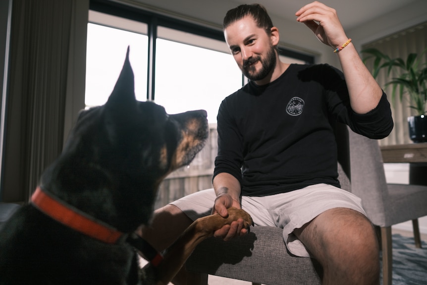  A man sits on a chair with a black kelpie in front of him. The dog has placed his paw in the man's hand.
