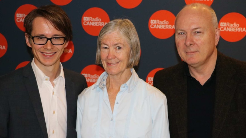 Photo of Aaron Kirby, Robyn Sykes and Professor Paul Hetherington on ABC Radio Canberra poetry panel.