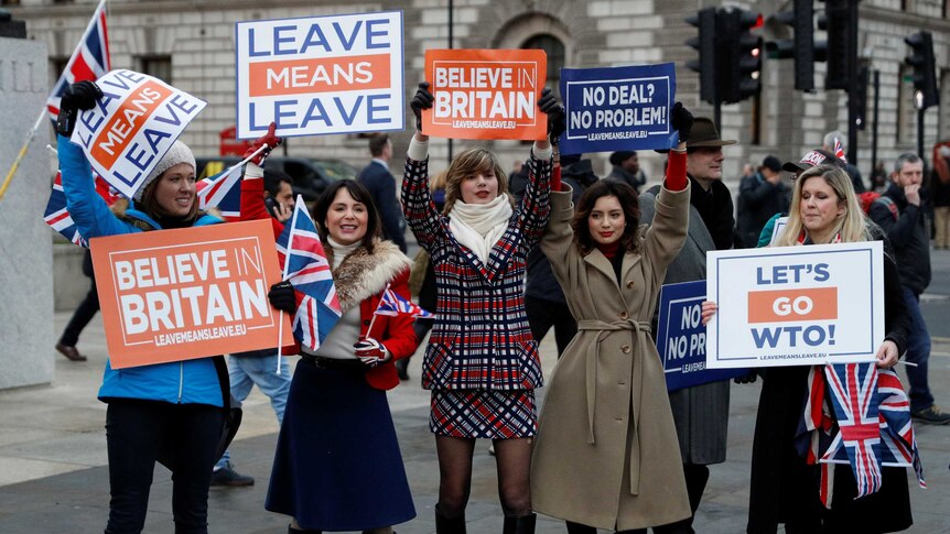 Pro-Brexit protesters demonstrate outside the Houses of Parliament ahead of a vote on Theresa May's deal.