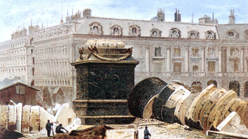 a painting of fallen columns and rubble