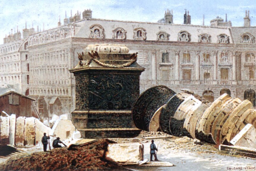 a painting of fallen columns and rubble