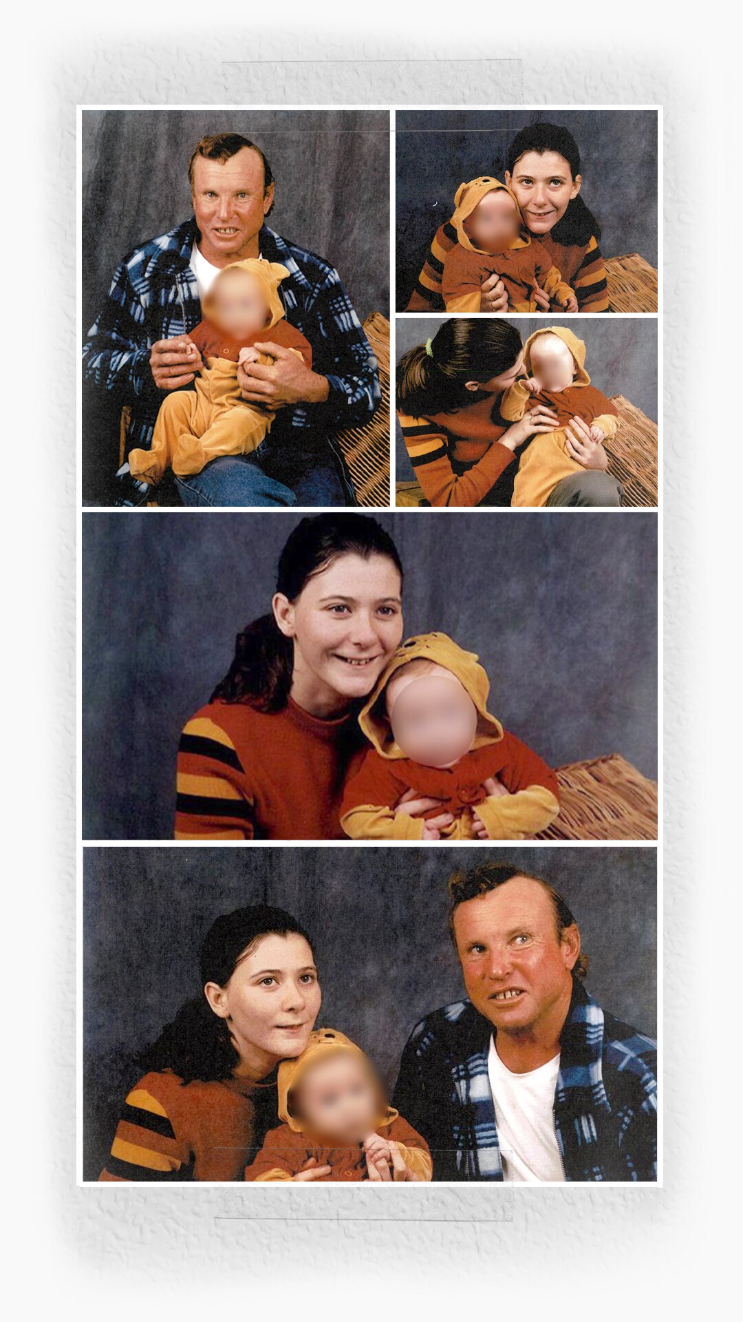 A compilation of images depicting Amber Haigh and Robert Geeves posing for a family portrait with their son.