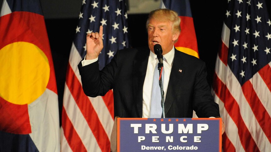 Republican President candidate Donald Trump addresses supporters.