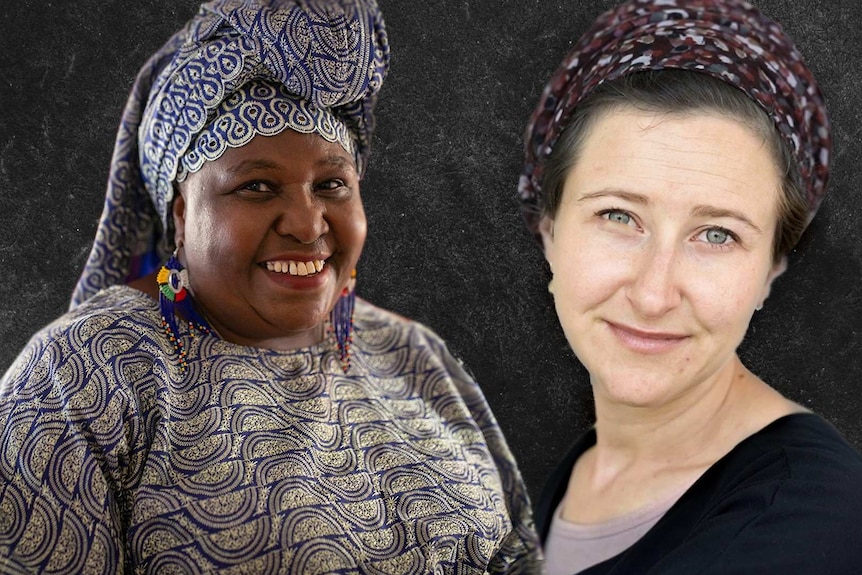 Rosemary is on the left with a Kenyan headdress on and a big smile. Ellyse is on the right, also wearing a headscarf.