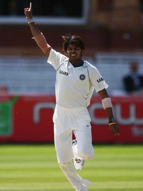 Shanthakumaran Sreesanth takes a wicket for India against England at Lord's in 2007.
