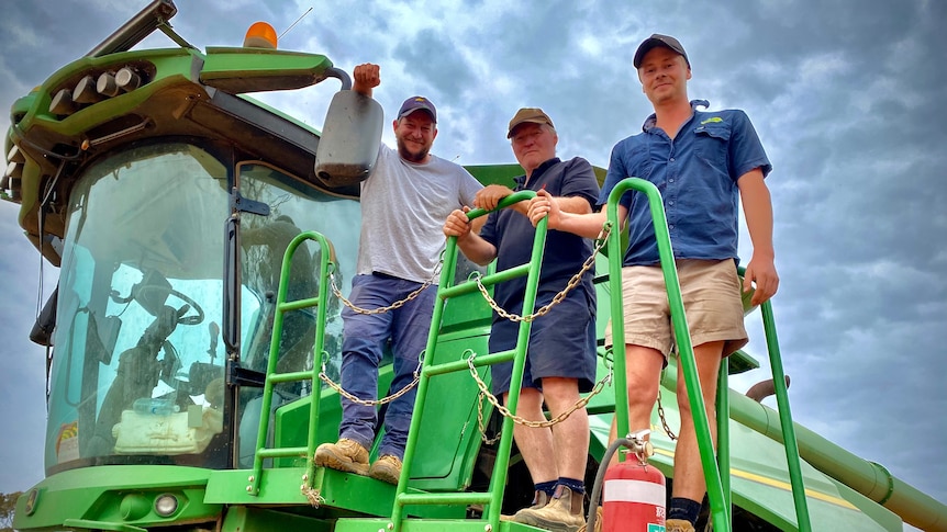 Jason Murphy, Michael Murphy and Riley Murphy stand at the top of a green harvester