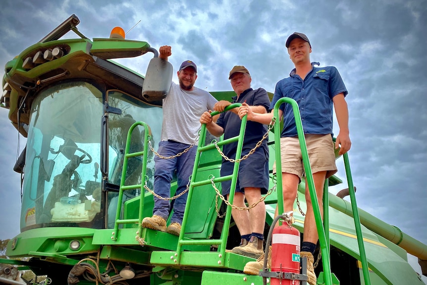 Jason Murphy, Michael Murphy and Riley Murphy stand at the top of a green harvester