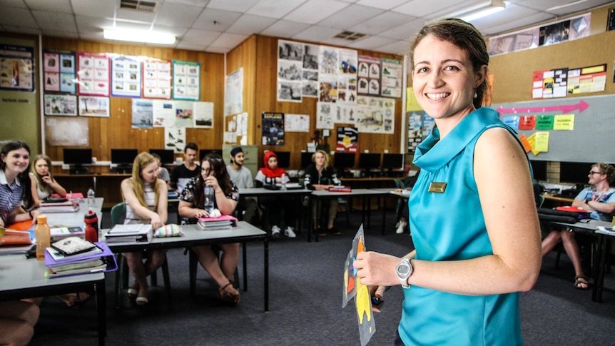 Ex-lawyer turned teacher Belinda Parker in her classroom of students.