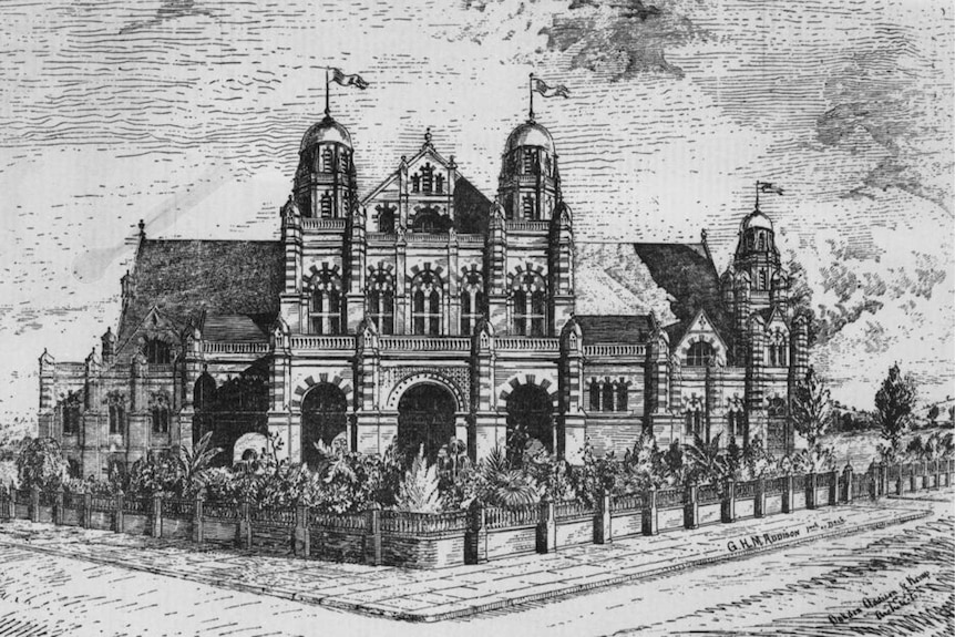 An illustration of a large brick building.