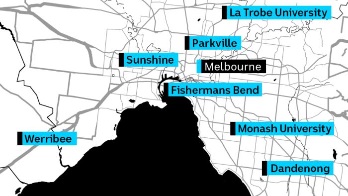 A map showing seven proposed mini-CBDs for the Melbourne area